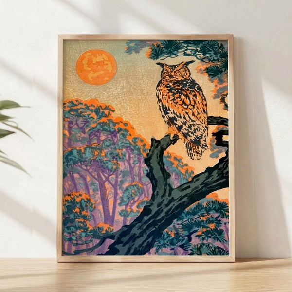 Great Horned Owl perched on a pine branch under moonlight in a Japanese woodblock style print with teal, orange, and purple tones, evoking a mystical nocturnal forest scene.