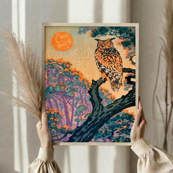 Framed vintage Japanese woodblock art featuring a contemplative great horned owl silhouetted against a cream-colored moon among darkened pine trees in moody purples and teals.
