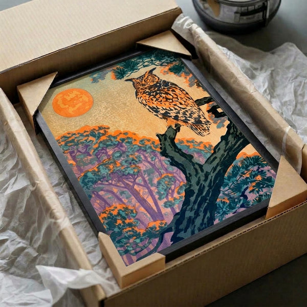 Mystical nocturnal scene rendered as a Japanese woodblock poster showing a great horned owl among forest pines under a glowing moon in rich purples, teals, and warm orange accents.