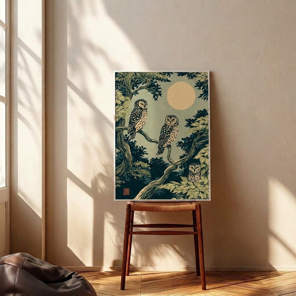 Vintage-style woodblock art print showing owls in a moonlit forest setting, featuring pale yellow moon and charcoal details against soft sage and cream tones in a serene, mystical composition.