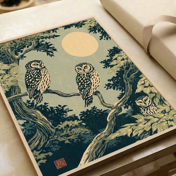 Framed woodblock-style forest print depicting owls beneath moonlight with Art Nouveau influences, combining dark teal and charcoal details with cream and pale yellow accents in a serene design.