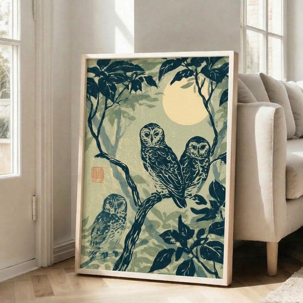 Vintage-style woodblock artwork showing owls beneath a full moon in a tree, with contemplative and mystical atmosphere in ivory and deep teal hues.