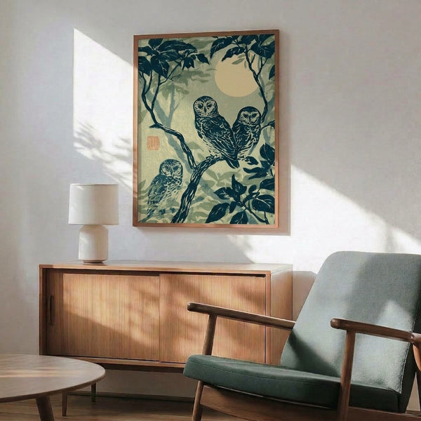 Framed Japanese woodblock poster featuring owls on a leafy branch under moonlight, combining traditional art techniques with calming cream and sage green palette.