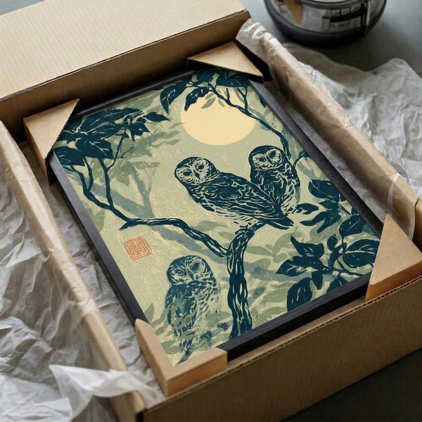 Serene woodblock-inspired print of owls in a nocturnal tree scene with moon and foliage, capturing a mystical mood through cream, teal, and ivory tones.