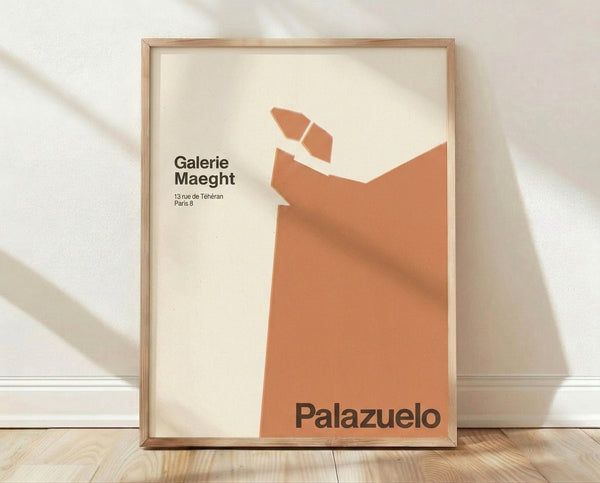 Abstract sculptural form in terracotta and charcoal on cream background, Bauhaus-style minimalist poster from 1950s Galerie Maeght exhibition.