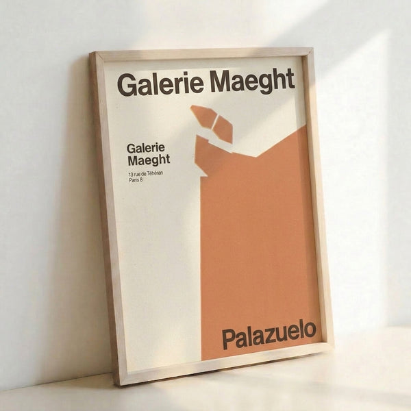 Mid-century minimalist gallery poster with simplified abstract sculptural composition in earthy terracotta, cream, and dark charcoal palette.