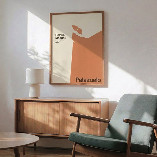Framed minimalist poster showcasing refined abstract sculptural figure in terracotta, cream, and charcoal—iconic mid-century modernist design.