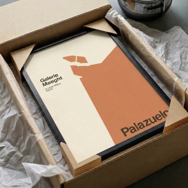 Minimalist mid-century gallery poster featuring spare abstract form in terracotta and charcoal tones, embodying refined Bauhaus design principles.