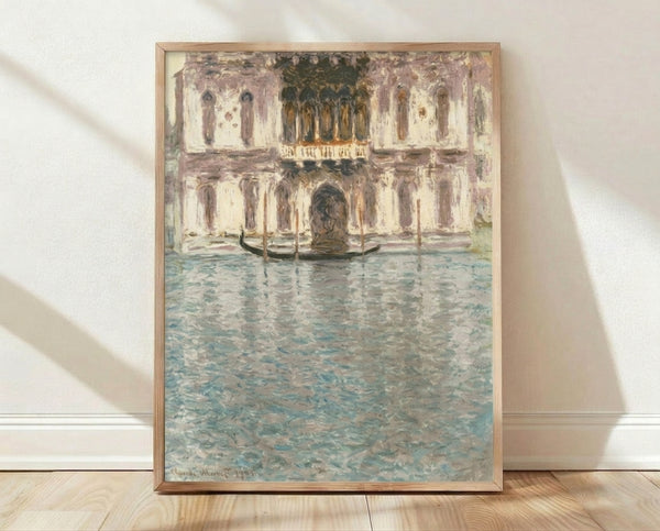 Framed impressionist painting of Palazzo Contarini in Venice with soft blue-green water and elegant architecture, serene and atmospheric.