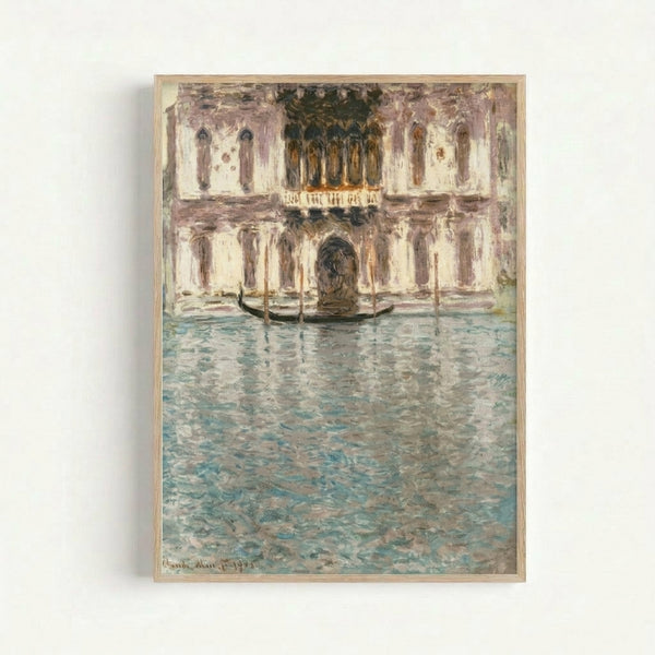 Classical venetian palace reflected in calm water, rendered in delicate impressionist brushstrokes with muted ochre and blue tones.