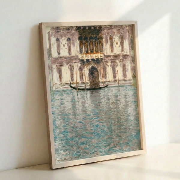 Serene water scene featuring a grand venetian palazzo with impressionist style, soft peachy-golden light and tranquil mood.