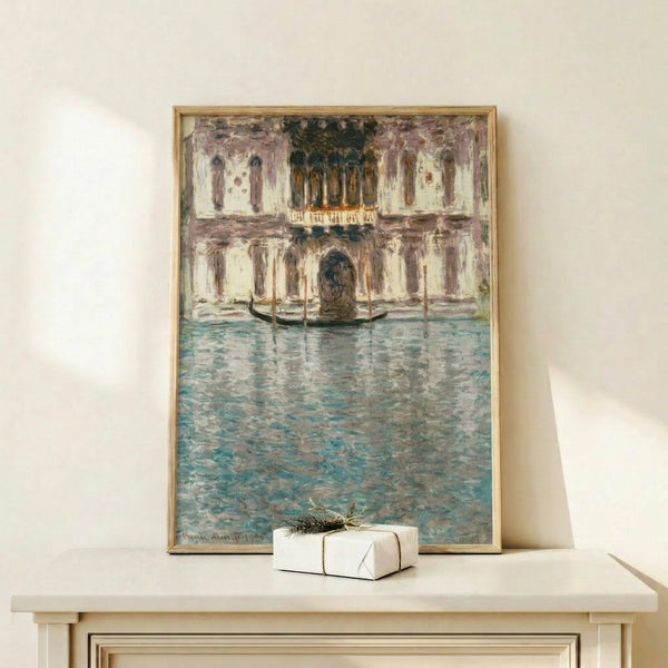 Impressionist-style art print of historic Palazzo Contarini on a venetian canal, painted in dreamy soft colors and gentle light.