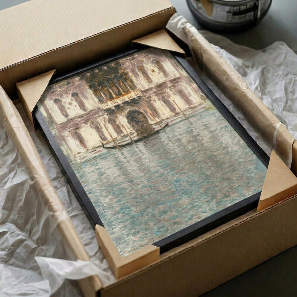 Wall-mounted art print of iconic venetian palace with impressionist water reflection, rendered in muted blues, golds, and creamy tones.