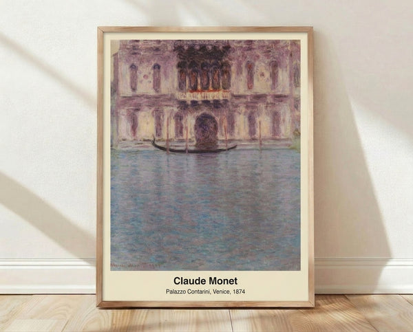 Impressionist painting of Palazzo Contarini in Venice with a gondola on the canal, rendered in soft blues, golden yellows, and violet tones in a luminous, serene style.