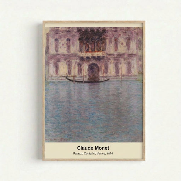 Framed vintage Impressionist art print depicting the Venetian palazzo reflecting in calm canal waters, with warm beige and blue color harmony creating a contemplative mood.