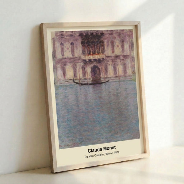 Soft-focus Impressionist poster of the iconic Palazzo Contarini with a boat gliding through the tranquil canal, bathed in golden light and cool blue hues.