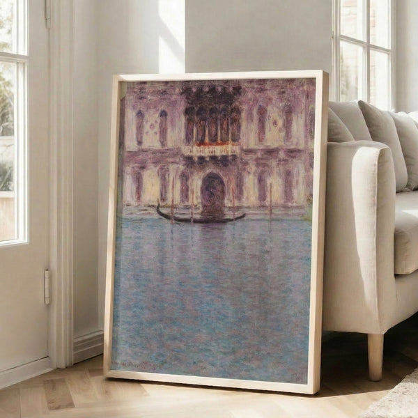Luminous vintage-style painting of Palazzo Contarini framed as a poster, capturing the serene essence of Venice with violet shadows and golden light reflecting off the water.