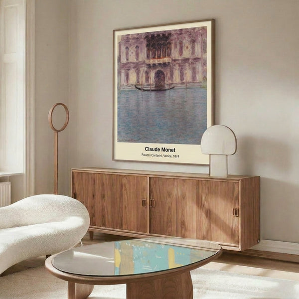 Classic Impressionist wall art of the Venetian Palazzo Contarini, rendered in dreamy soft colors with a solitary boat on the water, evoking serene waterside tranquility.