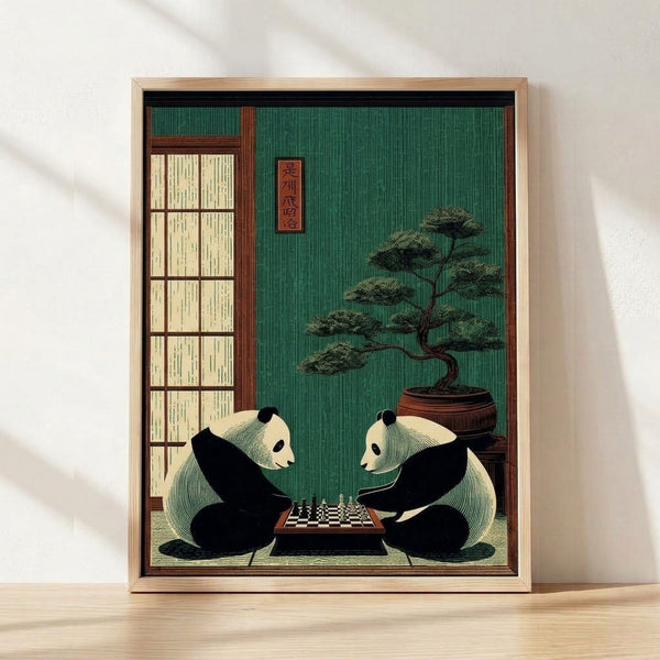 Japanese woodblock-style framed poster depicting a serene panda contemplating a chess board beside a delicate bonsai tree in a minimalist room, rendered in deep teal, cream, and forest green tones.