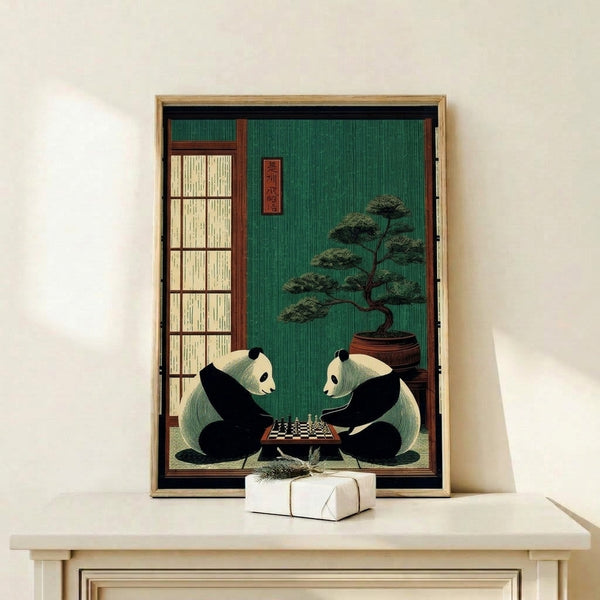 Japandi art print showing a peaceful panda engaged with chess near a potted bonsai, featuring traditional woodblock aesthetics with a calming palette of teal, cream, and rust-brown hues.