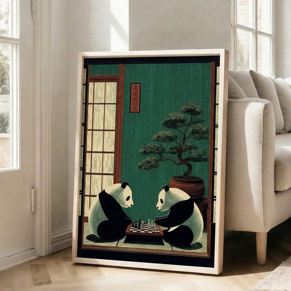 Minimalist framed wall art in the style of Japanese woodblock prints, capturing a contemplative moment of a panda at play with chess and bonsai, bathed in serene deep teal and cream colors.