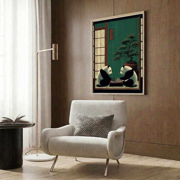 Zen-inspired woodblock poster featuring a playful panda surrounded by a chess game and bonsai tree in a tranquil interior, combining minimalist composition with rich forest green, black, and cream tones.