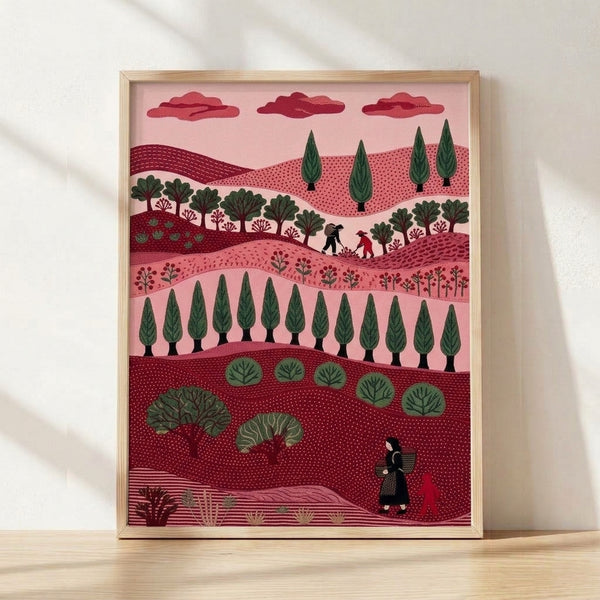 Folk art landscape print featuring a serene hillside with cypress trees, rolling hills, and soft clouds in dusty rose, forest green, and cream tones; a woman and children depicted among the pastoral countryside scene.