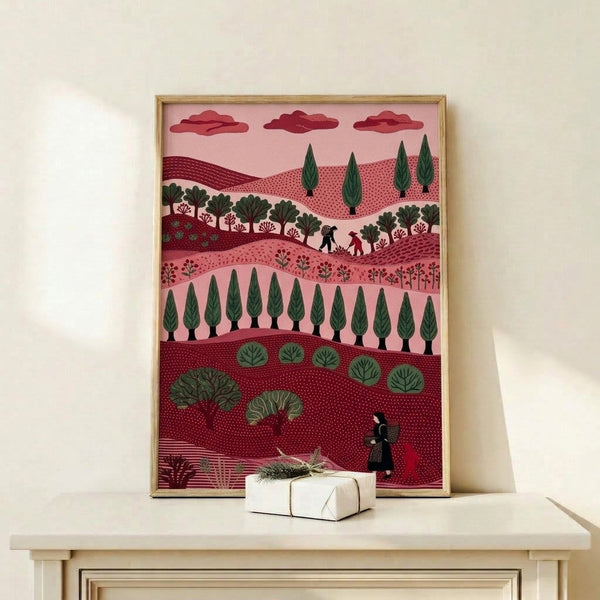 Minimalist cottagecore art print showing a peaceful harvest landscape with mauve and burgundy hues, cypress trees framing gentle hills, and figures in a nostalgic rural setting.