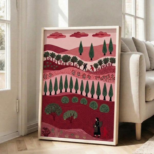 Framed folk art poster of a tranquil countryside hillside with deep greens and dusty rose accents, cypress silhouettes, and a serene composition featuring pastoral figures and clouds.