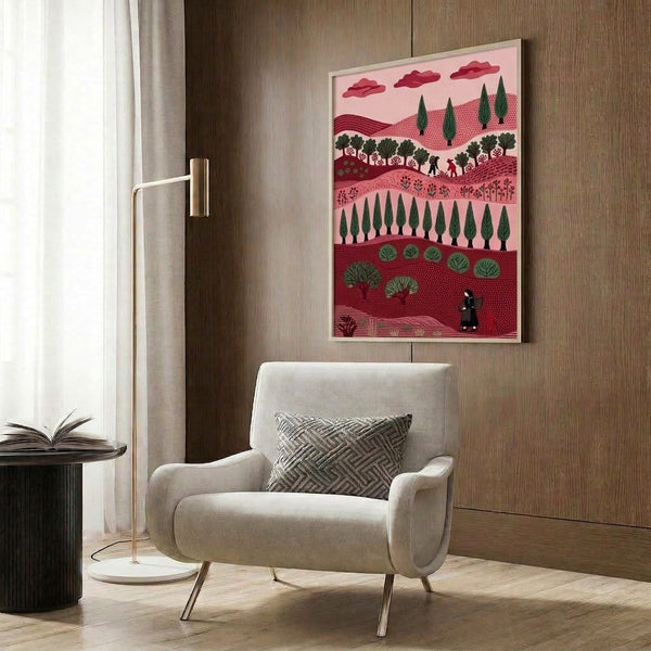 Cottagecore-inspired landscape art print with a nostalgic, peaceful mood rendered in muted tones of cream, forest green, and deep burgundy; depicts rolling hills, cypress trees, and figures in a folk art style.
