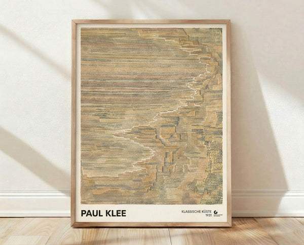 Abstract Bauhaus composition in cream, tan, and ochre tones with rhythmic geometric patterns and textured marks creating a meditative, minimalist aesthetic.