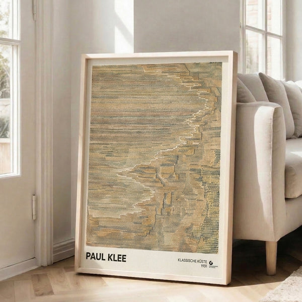 Framed art print with abstract Bauhaus-influenced design in cream, brown, and ochre featuring introspective textural layering and rhythmic visual rhythm.