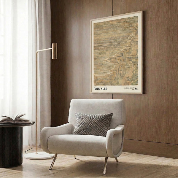 Modernist abstract composition in warm earth tones with meditative quality, featuring minimalist pattern work and geometric textural elements on canvas.
