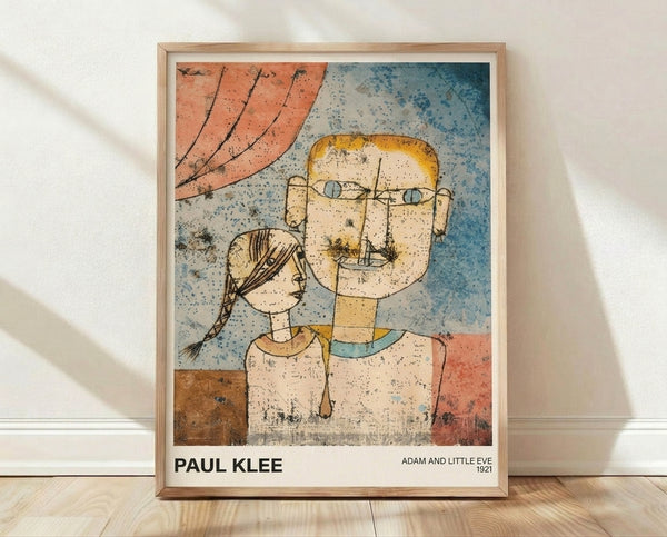 Abstract Bauhaus portrait poster in ochre, terracotta, and slate blue showing two geometric stylized figures representing Adam and Little Eve by Paul Klee, framed on a wall.