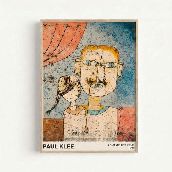 Paul Klee's 1921 modernist print featuring two faceless figures in cream and burnt sienna tones with geometric shapes, displayed as a framed Bauhaus art piece.