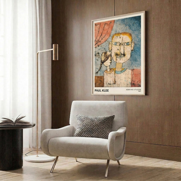 Abstract Bauhaus poster featuring two geometric figures with faceless features rendered in warm and cool earth tones, embodying early twentieth-century modernist portraiture.