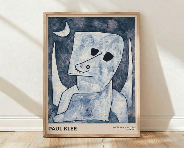 Paul Klee's Angel Applicant 1939, a minimalist Bauhaus artwork featuring a stylized angelic figure with moon motifs in pale blue, white, and gray tones, evokes a whimsical yet contemplative mood.