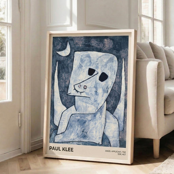 Pale blue and cream Bauhaus-era angel composition by Klee, framed as wall art, featuring geometric and organic forms that convey a contemplative, ethereal atmosphere.