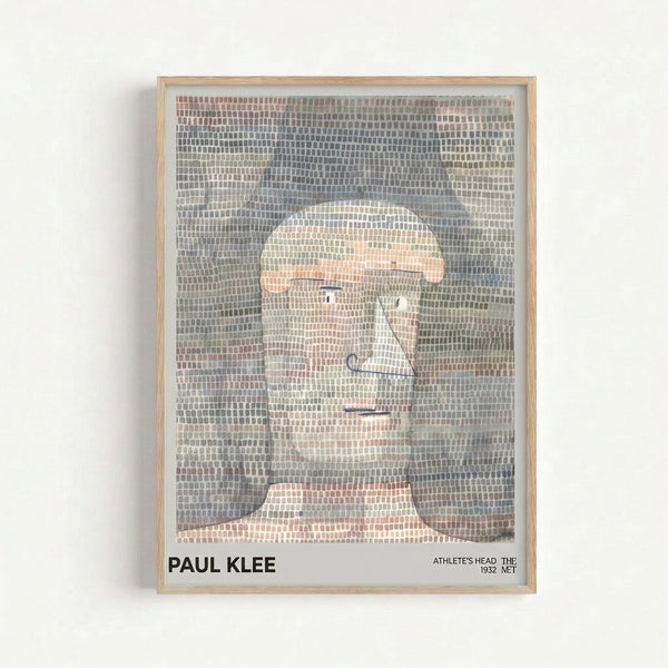Modernist Bauhaus-style portrait with geometric shapes forming an abstracted head in muted earth and cool tones, displayed as a framed art print.