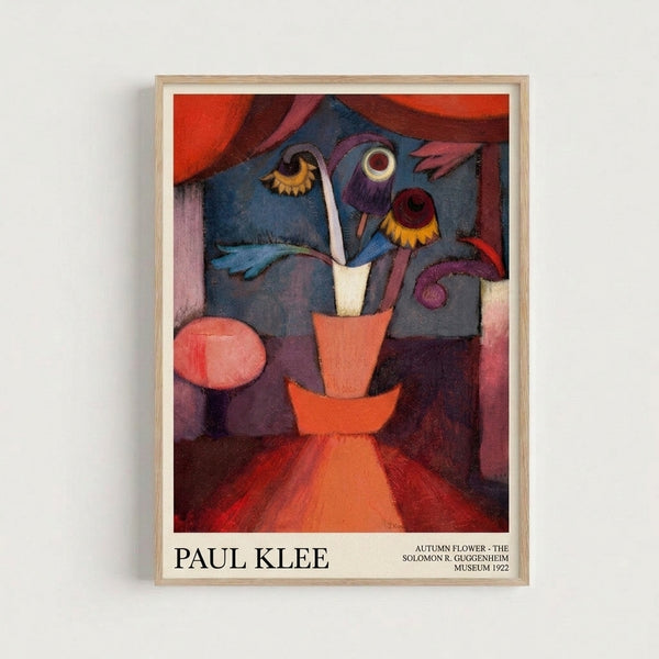 Modern abstract artwork with geometric flower and vase design in burgundy red, slate gray, and warm ochre, inspired by early 20th century Bauhaus aesthetics.