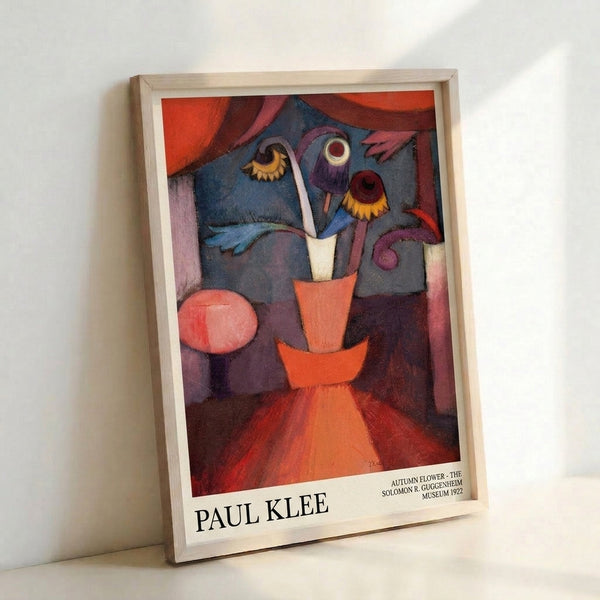 Contemplative abstract botanical print displaying an anthropomorphic flower pot in muted rust, deep blue, and ochre hues with Bauhaus-influenced geometric styling.