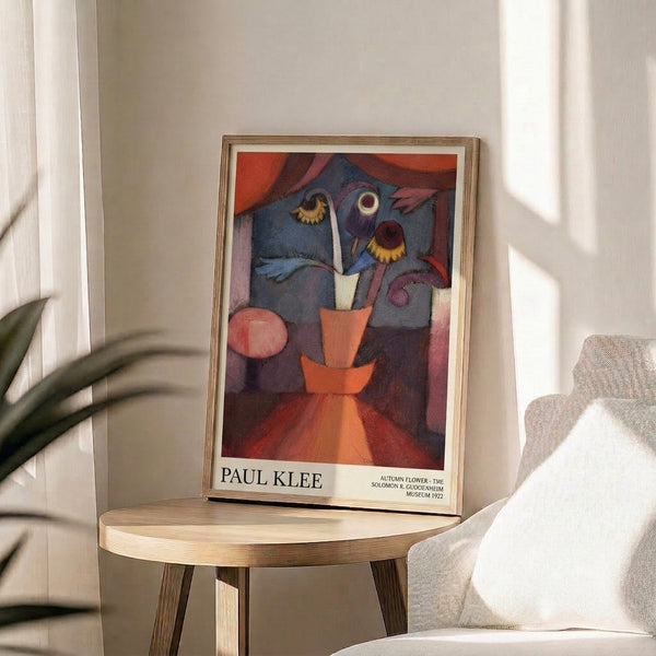 Abstract autumn flower artwork with geometric vase and contemplative mood, featuring a sophisticated palette of burgundy red, slate gray, ochre, and deep blue.