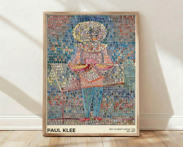 Bauhaus abstract portrait of a boy in fancy dress with geometric shapes in blue, pink, yellow, and red tones, featuring a halo above his stylized head.