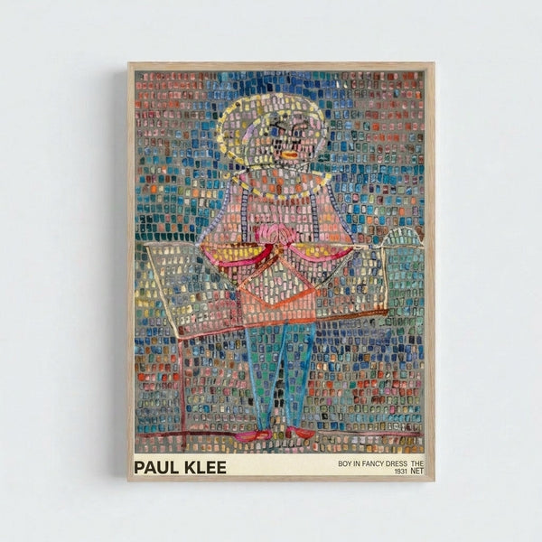 Paul Klee's modernist interpretation of a costumed figure rendered in soft geometric forms with warm and cool colors creating a whimsical, contemplative mood.