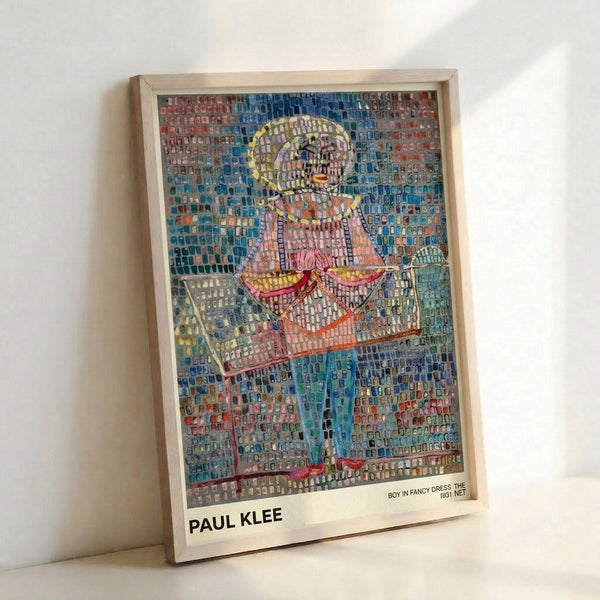 Framed abstract Bauhaus artwork depicting a boy wearing ornate dress, composed of angular shapes and muted palette with touches of vibrant pink and blue.