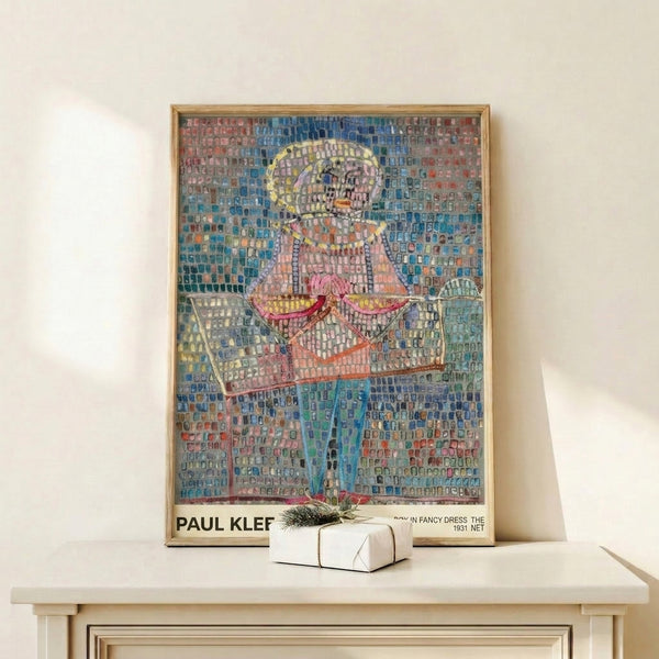 Geometric portrait in the style of Paul Klee showing a figure in formal attire with a floating halo, executed in soft grays, reds, and pastel tones.