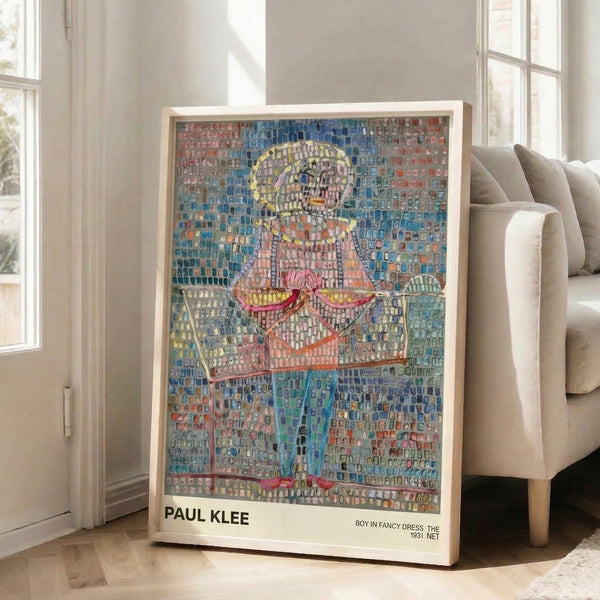 Modern abstract print featuring a stylized boy figure in fancy clothing, characterized by Bauhaus geometric composition and a blend of cool blues and warm accent colors.