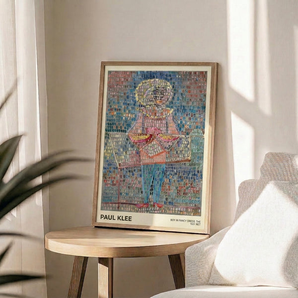 Contemplative Bauhaus-inspired artwork of a costumed boy rendered through interconnected geometric shapes in gray, yellow, pink, and blue hues.