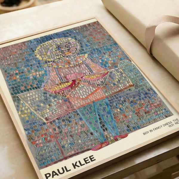 Abstract wall art in the manner of Paul Klee displaying a figure adorned in elaborate dress with a halo, using soft geometric forms and a restrained color palette.