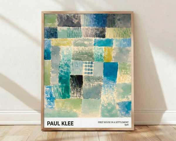 Abstract framed poster of Paul Klee's First House, featuring geometric shapes in teal, yellow, and cream arranged in a contemplative Bauhaus composition.